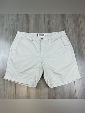 Mountain Khakis Shorts Mens 36 (tag 38) Slim Fit Poplin Chino Beige Stone stains